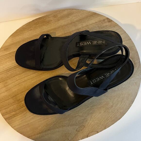 90s Vintage Nine West Dark Blue Chunky Stacked Heel Strapped Heels Size 8 - Picture 9 of 14